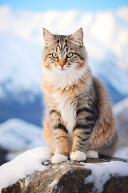 a cat sitting on a rock in the snow