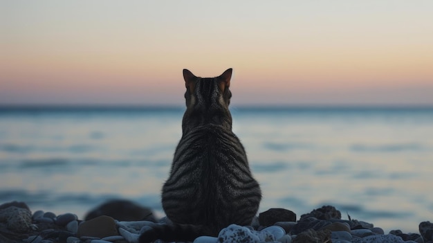 Photo cat sitting on rocks looking out at the ocean