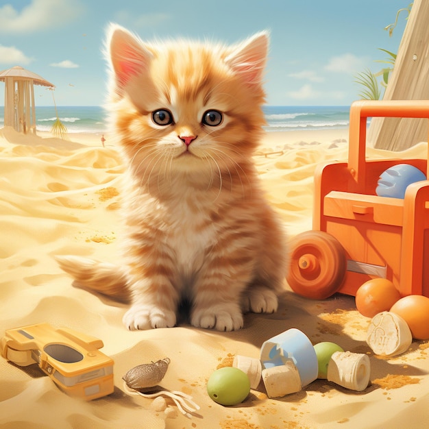 Cat sitting on the sand with toys and a toy truck