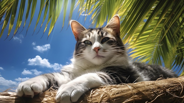 a cat sitting in the shade of a palm tree relaxing