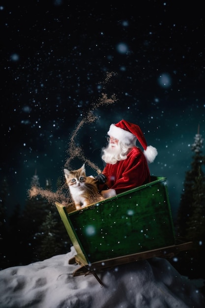 A cat sitting in a sleigh with a santa clause on it Generative AI image