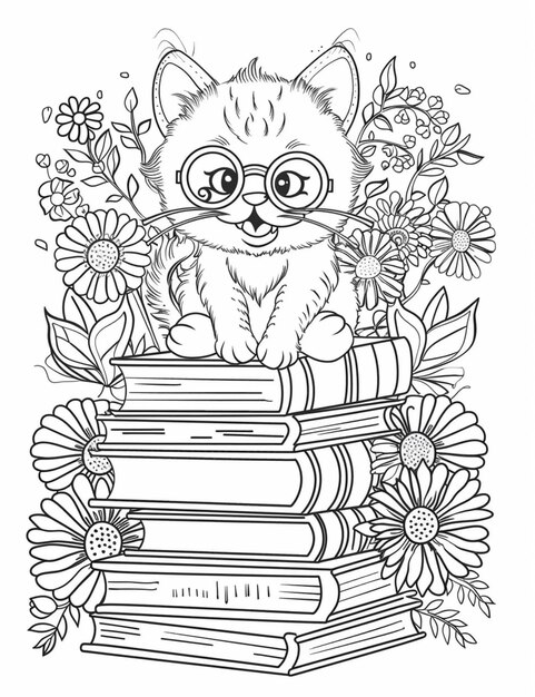 Photo a cat sitting on a stack of books with flowers and daisies generative ai