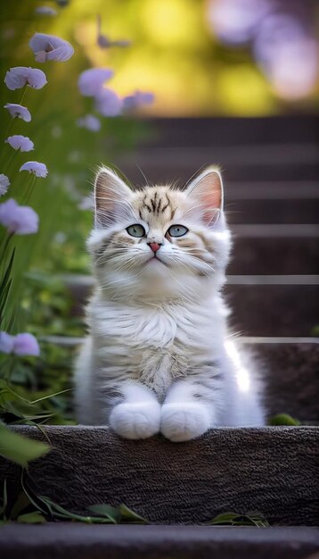 A cat sitting on the stairs in the garden