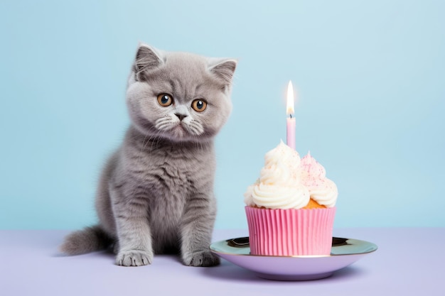 Кошка сидит на столе перед праздничным тортом с годовой свечой