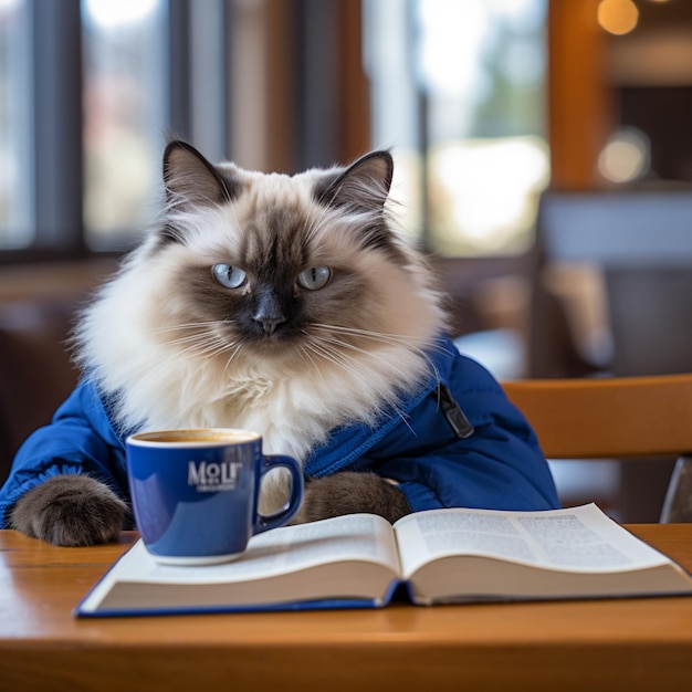 a cat sitting at a table with a book and a cup generative ai