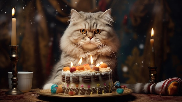 A cat sitting at a table with a cake and burning candles birthday AI Generated