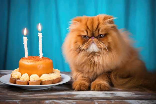 Cat sitting on table with cake with two years candle celebrating birthday party on blue background