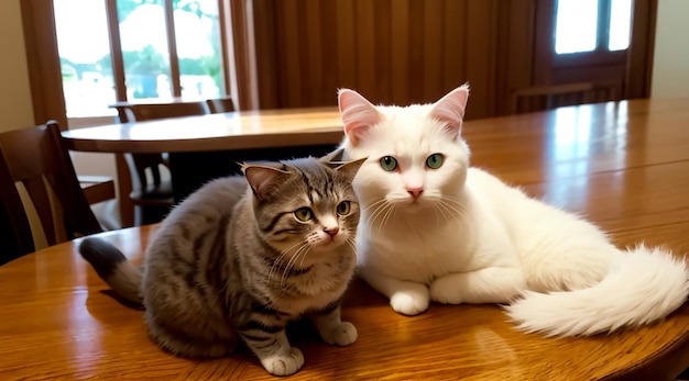 테이블 위에 앉아 있는 고양이