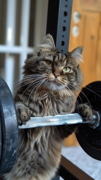 Cat Sitting on Top of Barbell