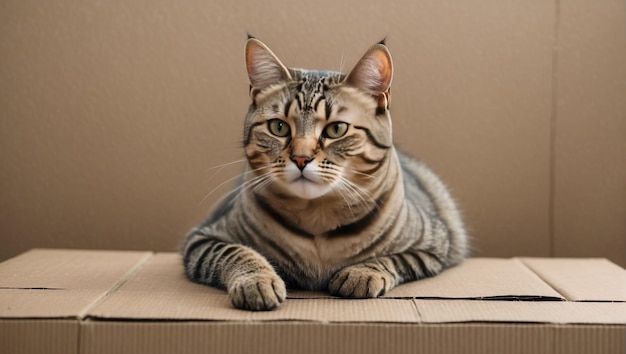 кошка, сидящая на картонной коробке