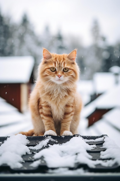 a cat sitting on top of a roof covered in snow