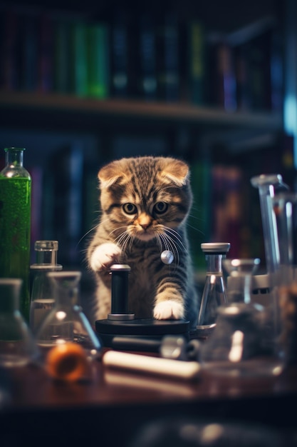 A cat sitting on top of a table next to bottles Generative AI image