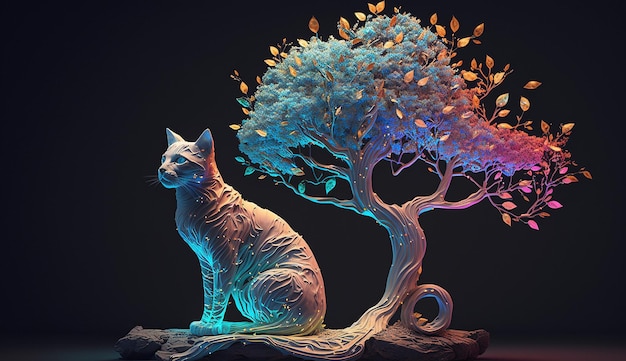 Cat sitting under tree ai generator art image