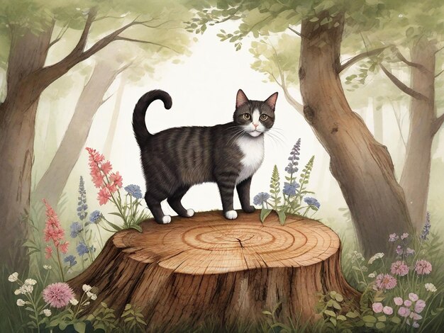 A cat sitting on a tree stump painted with oil