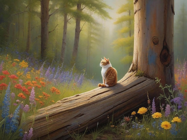 Кошка, сидящая на стволе дерева, окрашенной в масло