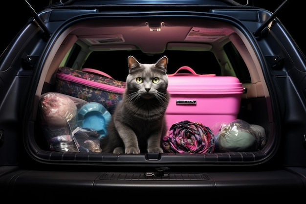 Cat sitting trunk car ready for travel Face cute Generate Ai