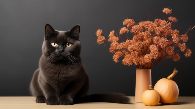 乾燥した花の花瓶の隣に座っている猫