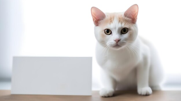 A cat sitting next to a white sign