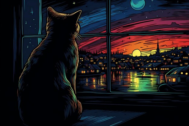 Cat sitting on a window looking at the city