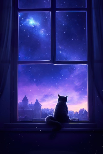 A cat sitting on a window sill looking out at the night sky generative ai image