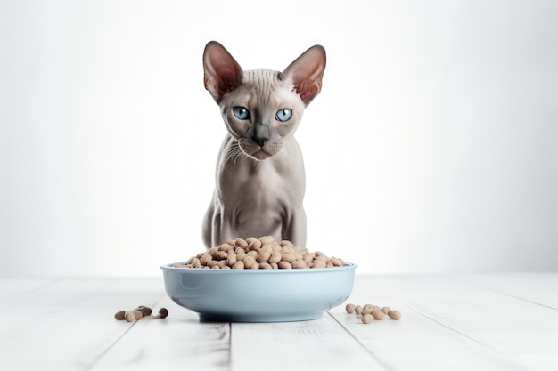 Cat sitting with a heap bowl of cat food on white background Generative AI content