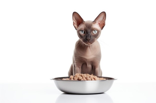 cat sitting with a heap bowl of cat food on white background Generative AI content