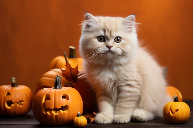 A cat sitting with pumpkins on orange background