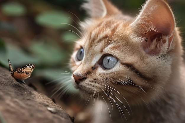 Котенок размером с кошку взаимодействует с бабочкой