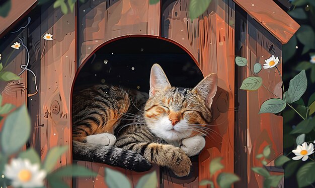 Photo cat sleep in a doghouse