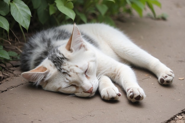 Кошка спит на земле, милое животное.