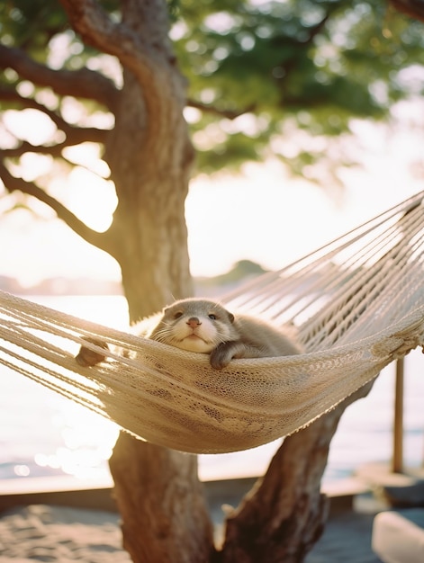 写真 猫がハンモックで眠る