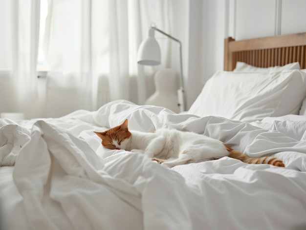 cat sleep in white bed room