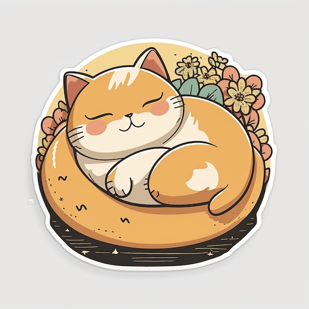 A cat sleeping on a bun with a flower pattern.