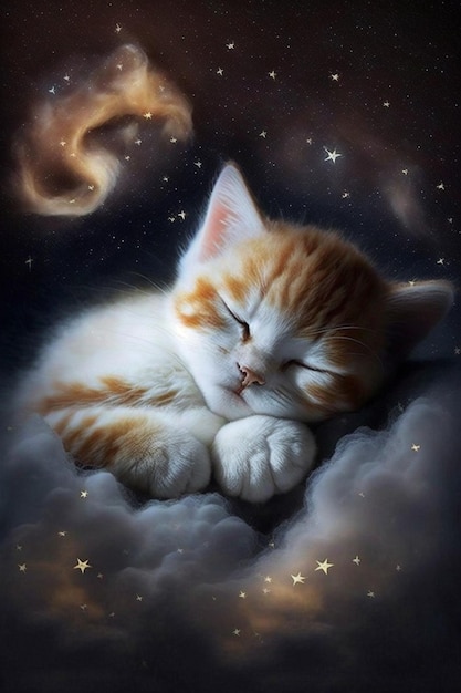 Кот спит на облаке с цифрой 3 на нем