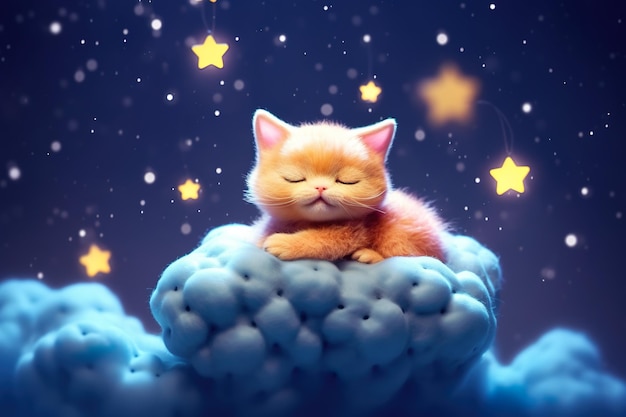 A cat sleeping on a cloud with stars in the sky Generative AI image