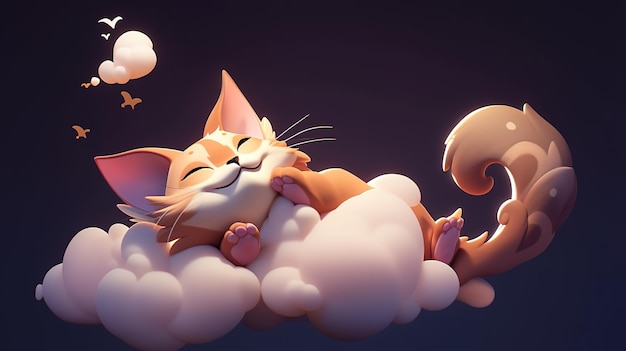 A cat sleeping on a cloud with a tail that says'cat '