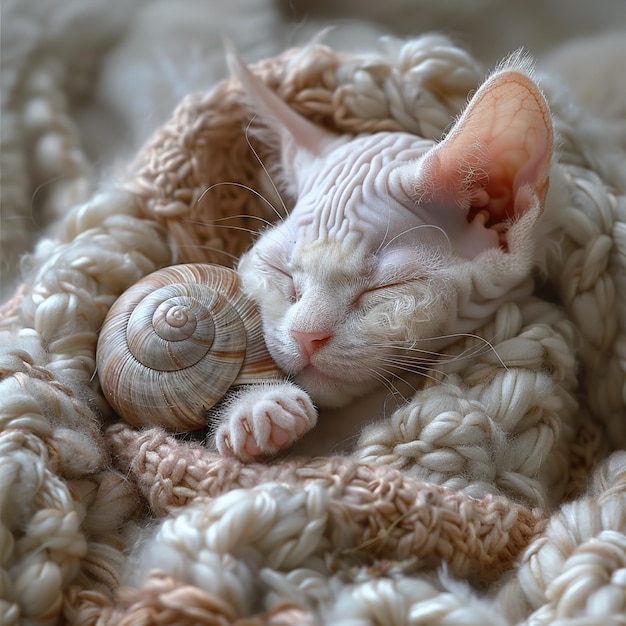 a cat sleeping in a crocheted blanket with a snail on it