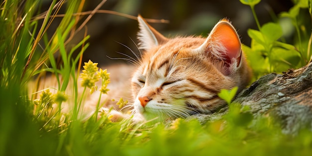 A cat sleeping in the grass