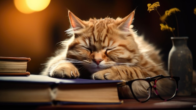 Кот спит на открытой книге в очках