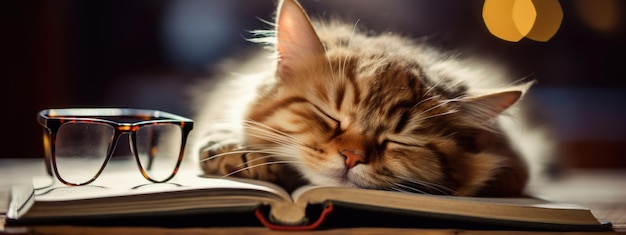 Cat sleeping on an open book with glasses on it