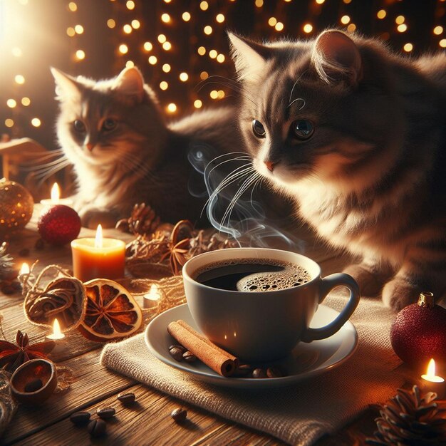 a cat sleeping on a table next to a coffee cup