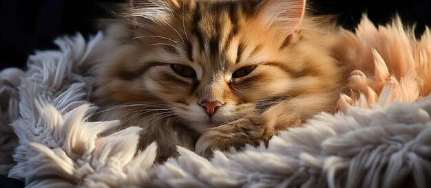고양이가 색 털이 많은 담요 위에 있는 쾌적한 바구니에서 잠을 자고 있다