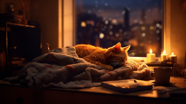 The cat sleeps in a cozy room