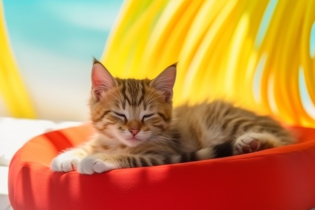 A cat sleeps on a red chair with a yellow toy in the background.