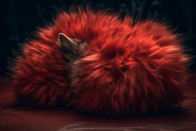 A cat sleeps in a red fur ball.