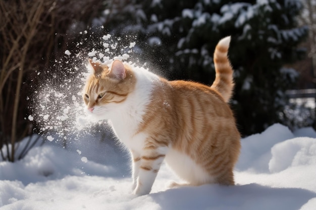 雪玉に打たれた猫 冬の試合中に雪に打たれて驚いて怒った顔をしたかわいい子猫 生成された AI