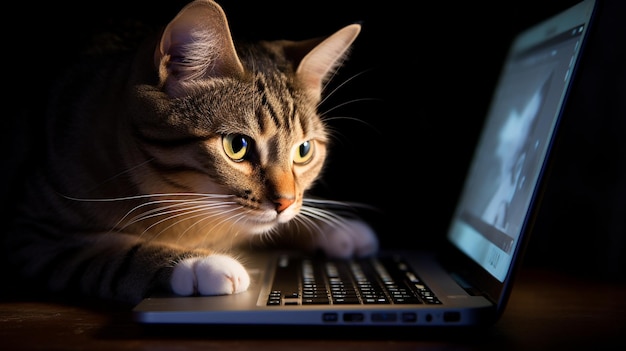 Photo a cat at small computer as if editing background