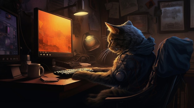 Photo a cat at small computer as if game background