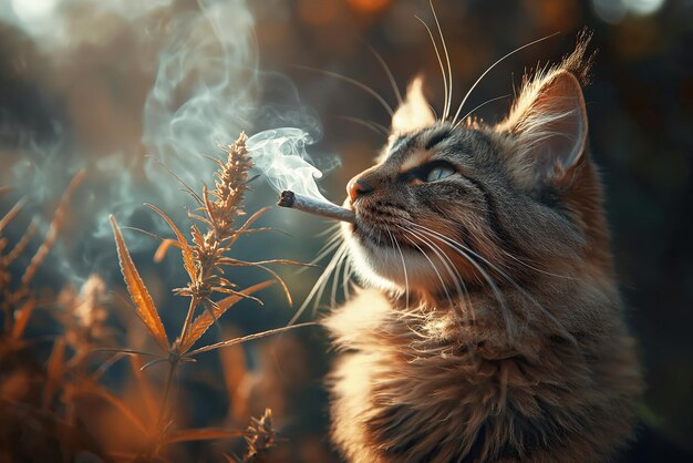 cat smokes joint cigarette of marijuana with cannabis