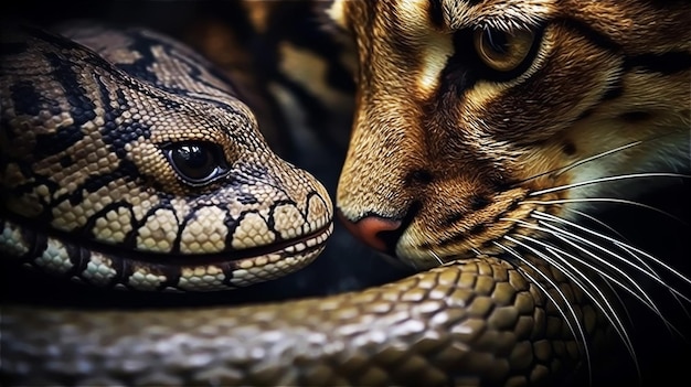 A cat and a snake are looking at each other